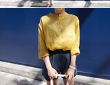 2016春季新款宽松姜黄色棉麻衬衣女韩国长袖文艺立领亚麻衬衫黄色