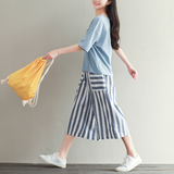 2016夏装新款韩版女装宽松针织短袖T恤+条纹阔腿七分裤两件套装潮