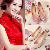 韩版甜美潮公主单鞋中跟结婚鞋子淑女鞋粉红白色蕾丝伴娘鞋新娘鞋