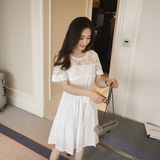 韩国夏装甜美刺绣花朵蕾丝欧根纱短袖蓬蓬公主气质连衣裙小礼服女