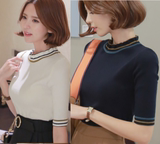 韩国代购正品POKER FACE针织衫半高领中袖短袖小条纹弹力修身淑女