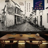 复古中式建筑墙纸黑白街景壁纸茶室面馆怀旧餐厅酒店大堂艺术壁画