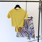 夏季新款韩国个性黄色修身套头短款针织衫T恤抽象半身裙A字裙套装