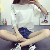 夏季韩版半袖拼接宽松T恤女学院风拼色七分袖大码女装体恤口袋潮