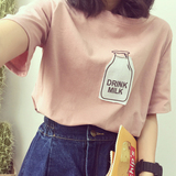 夏装韩国潮清新学院风贴布牛奶瓶粉色短袖简约t恤女短袖韩范内搭