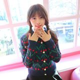 新款韩版潮女2016复古日系学院甜美可爱樱桃针织短款毛衣开衫外套