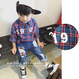 2016年新款秋款韩版男童全棉儿童磨毛数字经典格子长袖衬衫潮版