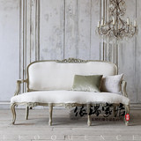 美式法式乡村 复古做旧三人沙发 亚麻布艺古董沙发 法式雕花长椅