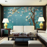 手绘中式油画墙纸 客厅电视背景墙壁纸 卧室玉兰花定制大型壁画