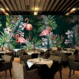 东南亚绿色森林墙纸 餐厅电视客厅背景墙壁纸 手绘火烈鸟大型壁画