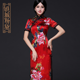 中式老上海风情真丝旗袍长款复古连衣裙气质中袖红色妈妈旗袍定做