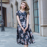 2016夏季新款韩版修身欧根纱连衣裙中长款短袖印花大摆雪纺沙滩裙
