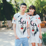 情侣装夏装2016新款短袖T恤手绘涂鸦个性韩国学生中长款连衣裙潮