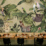 东南亚复古油画墙纸 手绘绿色动物植物卧室主题房背景墙壁纸壁画