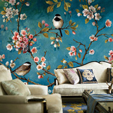 新中式墙纸蓝色花卉鸟大型壁画油画 书房客厅电视背景墙壁纸墙布