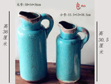美式乡村做旧冰裂纹蓝色单耳陶瓷干花瓶插高36和30两种可选包邮