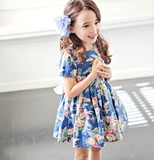 韩国夏装女童短袖印花连衣裙纯棉儿童蓝色花朵蓬蓬公主裙碎花夏季