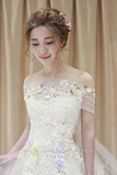 新款收腰显瘦一字肩彩色花朵2016珍珠蕾丝韩版甜美拖尾婚纱礼服