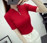 韩国2016夏季新款女装修身纯色半高领拉链短袖针织衫女短款T恤潮