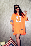 欧美学院风棒球服冰球服宽松大码刺绣街头嘻哈橙色短袖t恤卫衣女