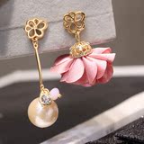 韩版饰品气质珍珠l蕾丝花朵花瓣不对称长款耳坠耳环耳丁韩国耳环