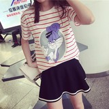 韩国代购夏装新款短袖t恤女上衣宽松条纹卡通学生闺蜜装体恤衫潮