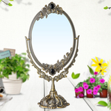 复古台式双面化妆镜 高清桌面梳妆镜 欧式金属雕花公主镜子银色小
