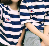 韩国ulzzang学生装蓝白条条纹款男女情侣原宿bf宽松短袖t恤半截袖