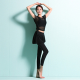 韩国代购女子专业瑜伽服三件套韩版假两件裤裙运动纱罩衫健身套装