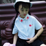 2016日系原宿学院风甜美可爱草莓刺绣翻领短袖衬衣女宽松学生上衣