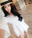 泰国连衣裙日系蕾丝裙 甜美小清新白裙喇叭袖短裙 沙滩度假裙原单