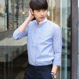 韩国代购男装夏季新款韩版七分袖衬衫男士立领条纹休闲短袖衬衣潮