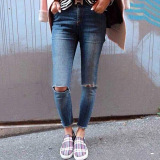 美国代购 Acne 16夏新款修身显瘦膝盖破洞毛边水洗铅笔小脚牛仔裤
