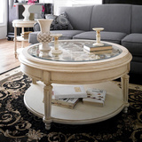 法式实木茶几小户型钢化玻璃客厅欧式简约白色复古圆形咖啡桌