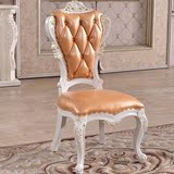 欧式餐椅全橡木框架头层皮椅餐桌椅组合白色雕花真皮餐椅酒店椅