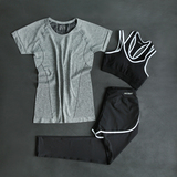 瑜伽服健身运动套装三件套女短袖晨跑步修身速干透气假两件长短裤