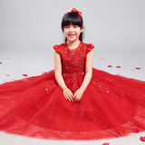 儿童红色婚纱礼服女童礼服公主裙花童长款晚礼服大童钢琴裙演出服
