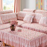 绗缝棉布艺组合田园沙发垫韩式粉色蕾丝边飘窗垫四季防滑坐垫定做
