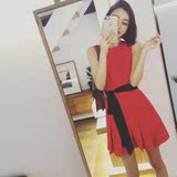 韩国代购2016夏装新款女装潮小香风无袖雪纺中裙子夏季红色连衣裙