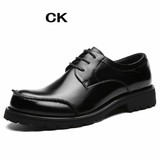 CK头层纯牛皮厚底高跟系带男士皮鞋 真皮 布洛克高档商务正装男鞋