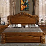 纯实木榆木1.8米欧式双人床高箱储物婚床雕花中式厚重款卧室家具