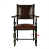 新古典实木餐椅复古皮椅美式带扶手高背椅书椅欧式高档酒店椅子