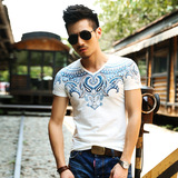 夏季新款男士V领短袖龙头图案印花T恤中国风流行男装修身纯棉衣服