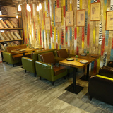 北欧咖啡厅卡座沙发桌椅组合 实木 复古时尚西餐厅皮艺沙发双人位
