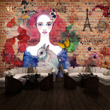 个性涂鸦餐厅墙纸3d立体砖墙砖纹壁画时尚女孩服装美容美甲店壁纸