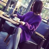 韩国代购2016春秋款韩范气质宽松中长款毛衣纯色圆领套头针织衫女
