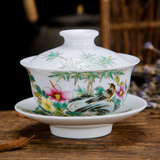 景德镇纯手工陶瓷茶碗 手绘功夫茶具茶杯粉彩三才盖碗 160毫升