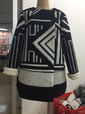 2015欧美风冬款女新拼色几何羊毛呢a字型大衣外套斗篷