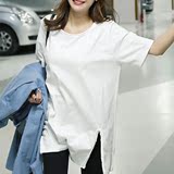 韩国代购个性开叉宽松大码显瘦纯棉白色中长款T恤女短袖夏季体恤