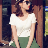 2016夏装新款女装v领短袖t恤修身纯棉打底衫简约大码上衣白色韩版